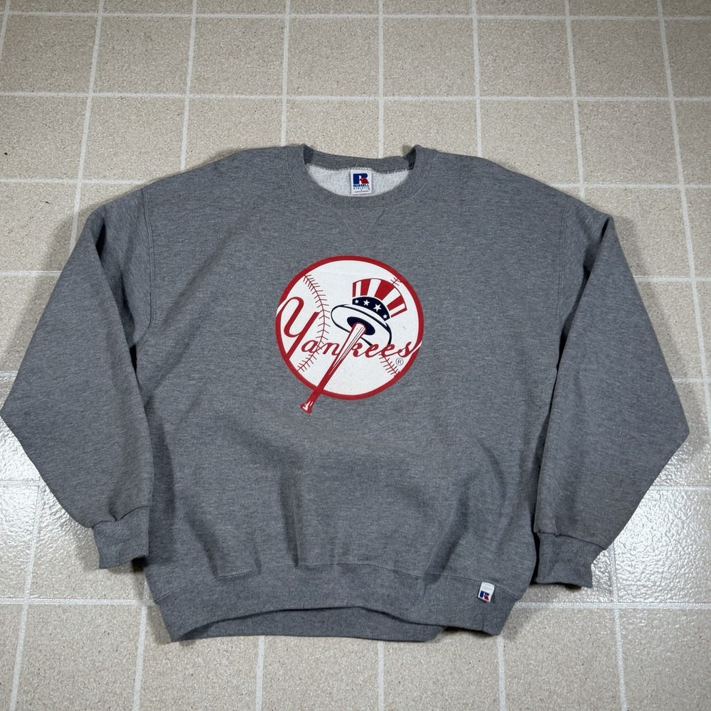 Vintage 90s Russell Athletic New York Yankees Grey Sweatshirt Size L Retro Logo